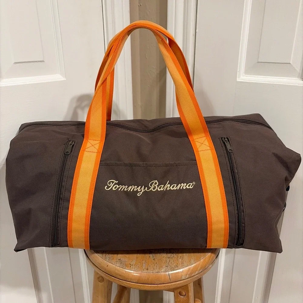 Tommy Bahama Duffel Bag Unisex Large Brown Orange Travel Weekender Good Canvas
